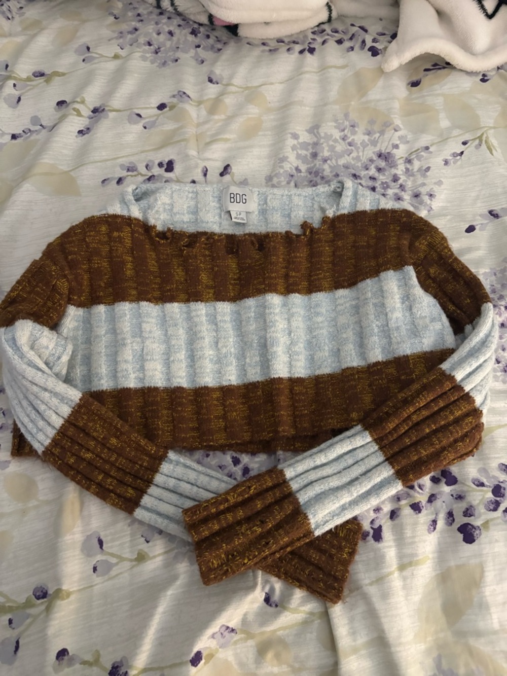 BDG Cropped Ribbed Crewneck Sweater in Light Blue & Brown